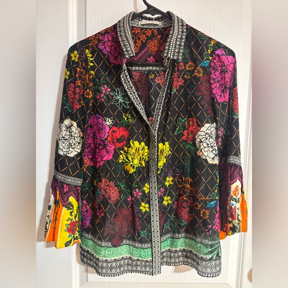 Alice+Olivia Silk Cotton Ruffle Sleeve Floral Collared Colourful Button Down Top - Picture 7 of 14